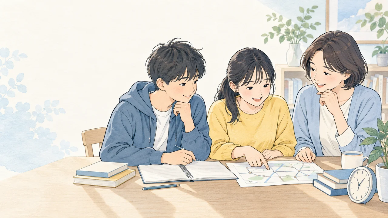 親子で学校案内を見ながら進路を考えるイメージイラスト